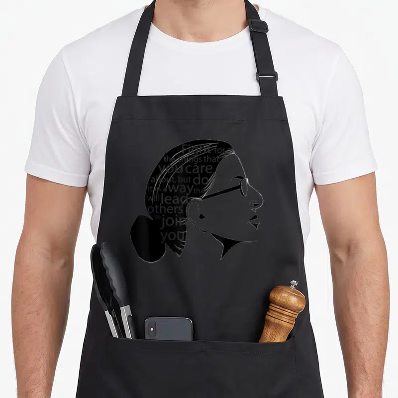 Notorious star quotes apron - Black silhouette of woman's profile with quote text inside hair area — shown on a black cotton canvas apron against a white background