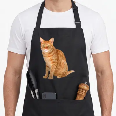 Funny tabby cat apron - Realistic photo of a sitting orange and white tabby cat on black fabric — shown on a black cotton canvas apron against a white background