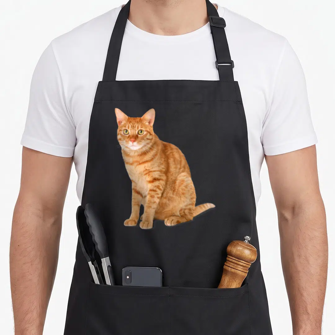 Funny tabby cat apron - Realistic photo of a sitting orange and white tabby cat on black fabric — shown on a black cotton canvas apron against a white background
