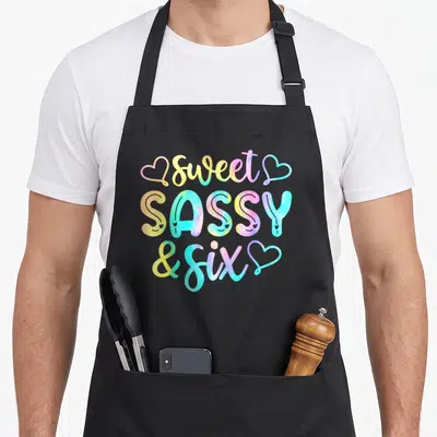 6th sassy apron - sweet SASSY and six text with pink yellow blue purple green hearts — shown on a black cotton canvas apron against a white background