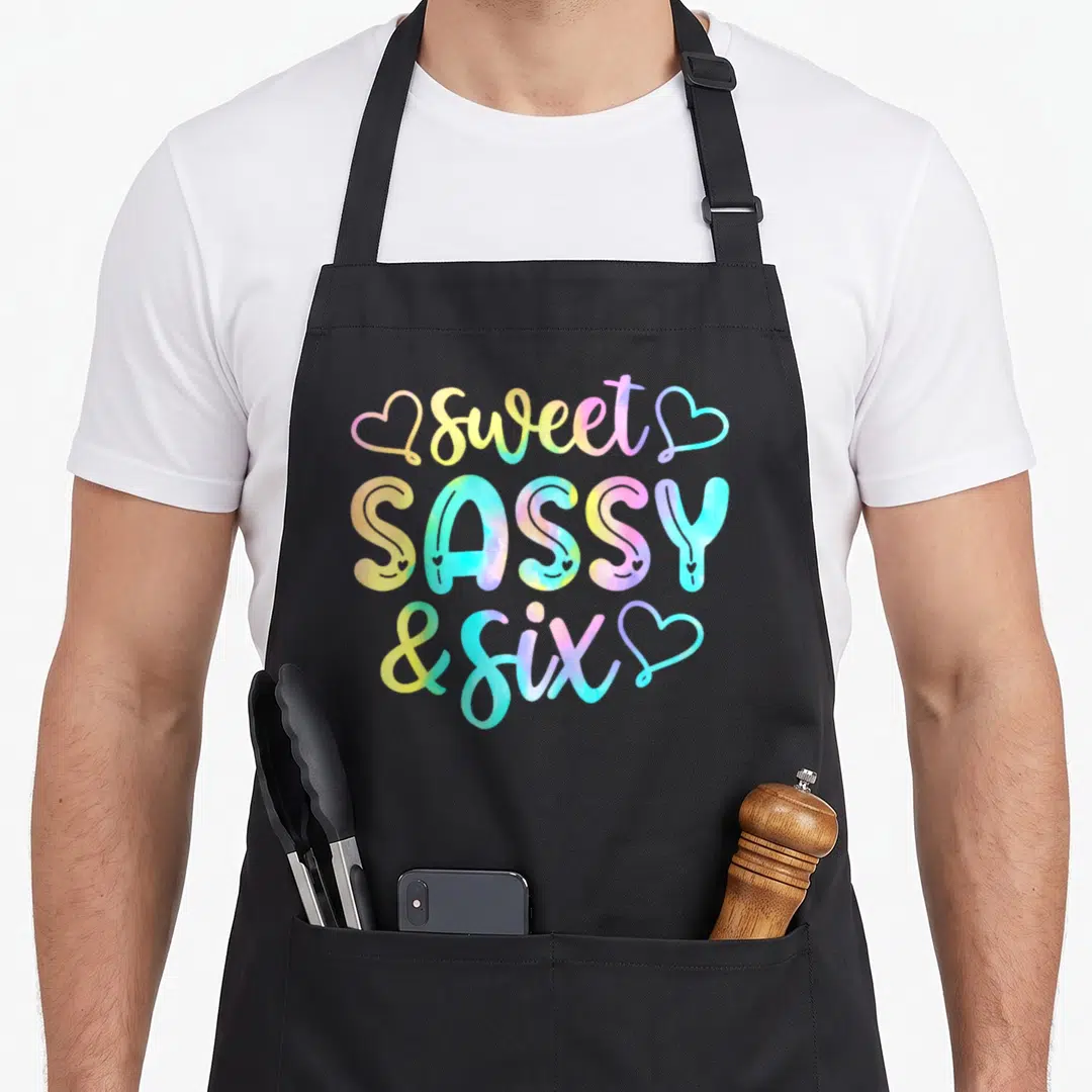 6th sassy apron - sweet SASSY and six text with pink yellow blue purple green hearts — shown on a black cotton canvas apron against a white background