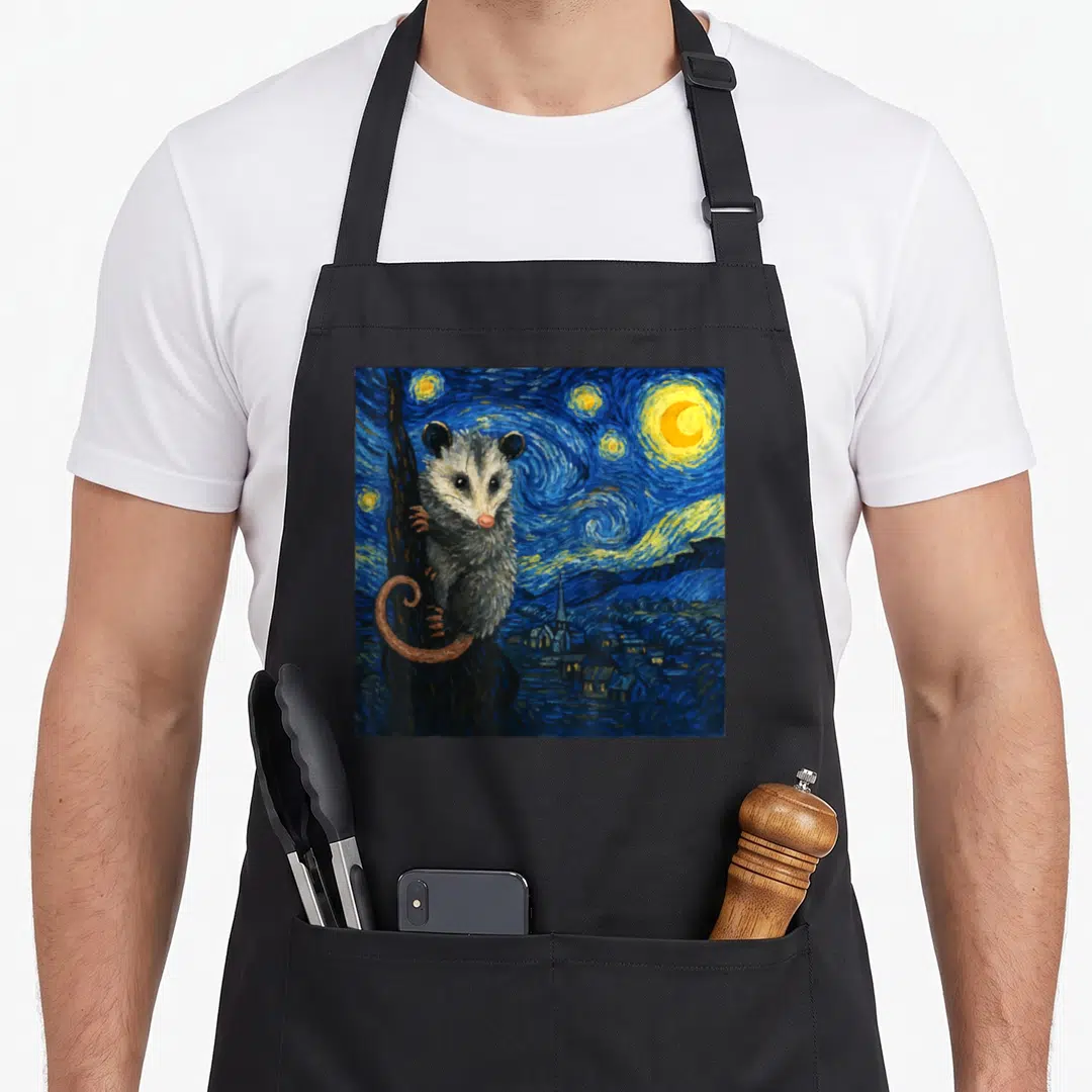 Opossum van gogh apron - Grey opossum clinging to tree in swirling blue yellow starry night sky watercolor painting — shown on a black cotton canvas apron against a white background