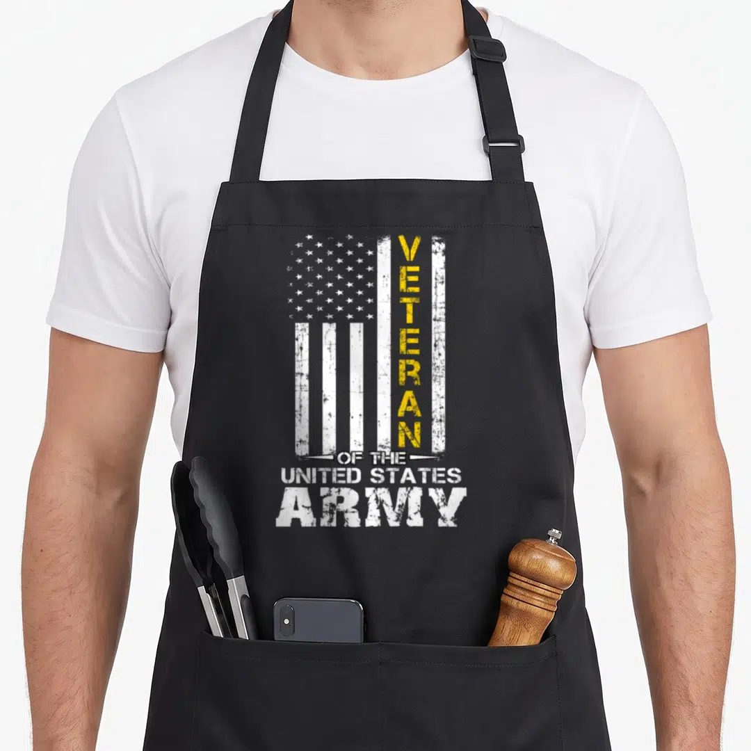 Veteran state us aprons - Distressed white USA flag with vertical yellow VETERAN text and stacked ARMY lettering — shown on a black cotton canvas apron against a white background