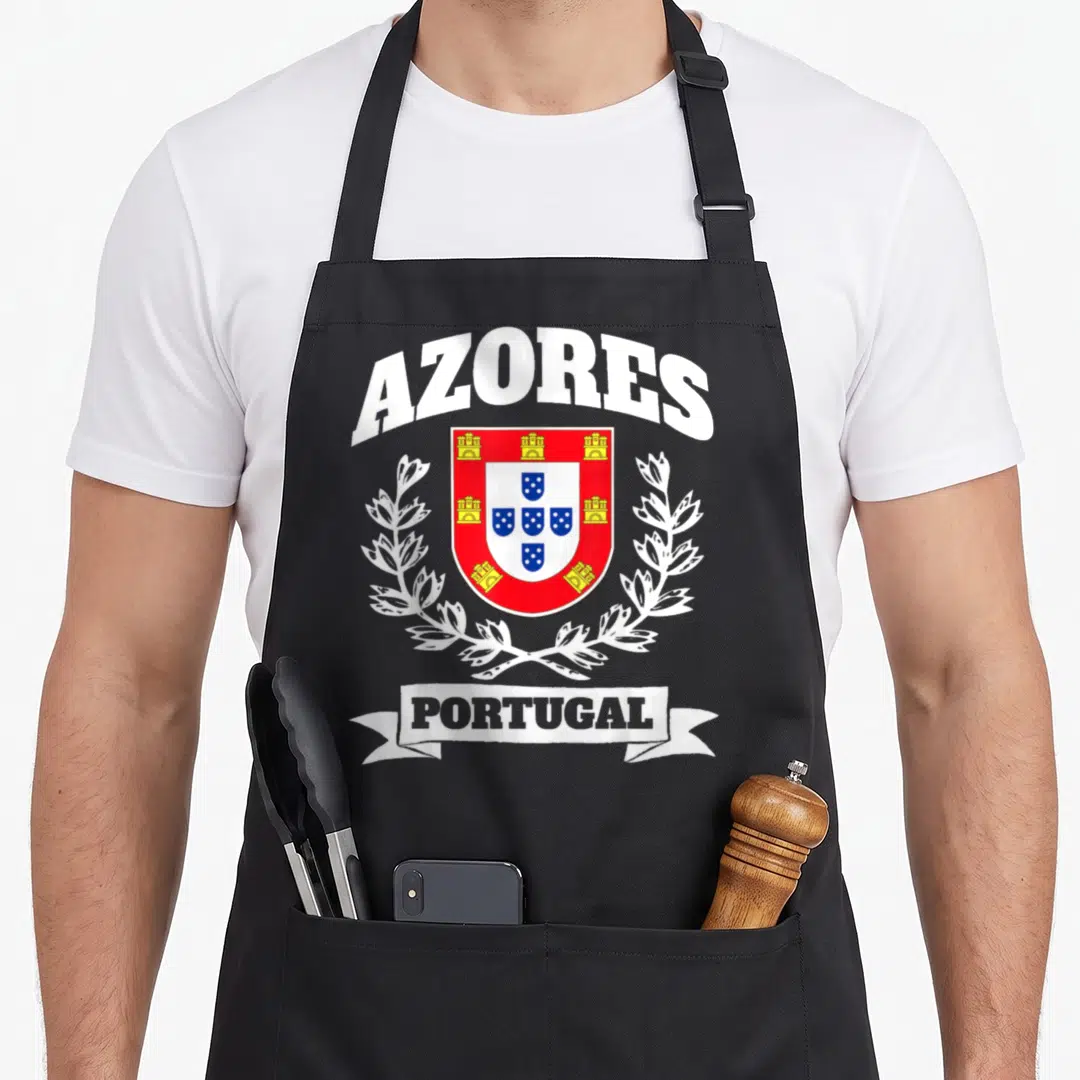 Island portuguese apron - AZORES shield with red blue yellow coat of arms and white laurel wreath — shown on a black cotton canvas apron against a white background