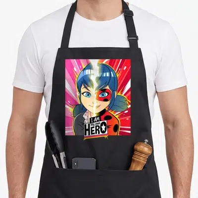 Miraculous ladybug apron - Split face girl portrait with I AM my own HERO text in blue red black and pink cartoon style — shown on a black cotton canvas apron against a white background