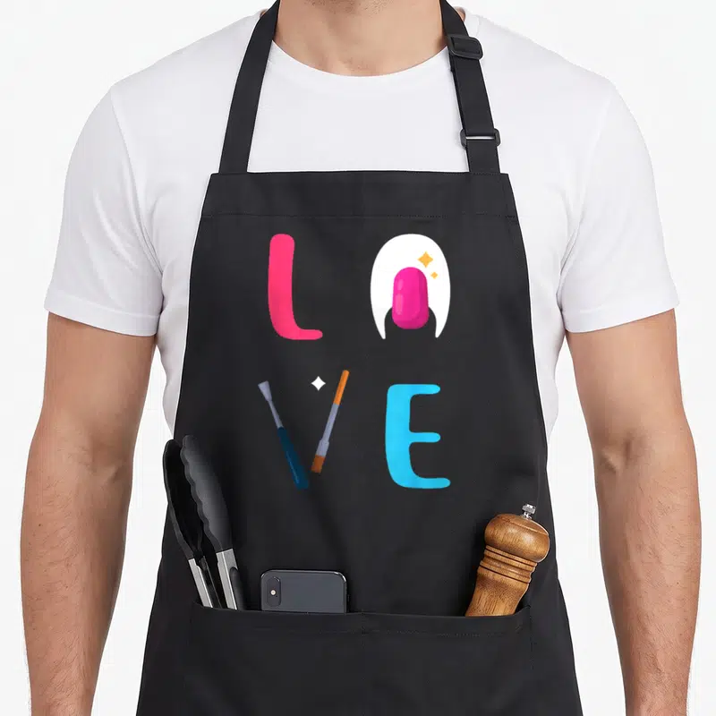 Tech artist manicurist apron - LOVE spelled with pink nail, blue pusher, orange file, and blue letter E in cartoon style — shown on a black cotton canvas apron against a white background