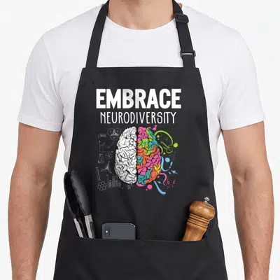 Brain neurodivergent apron - EMBRACE NEURODIVERSITY text over split brain with math and art symbols in white pink blue — shown on a black cotton canvas apron against a white background