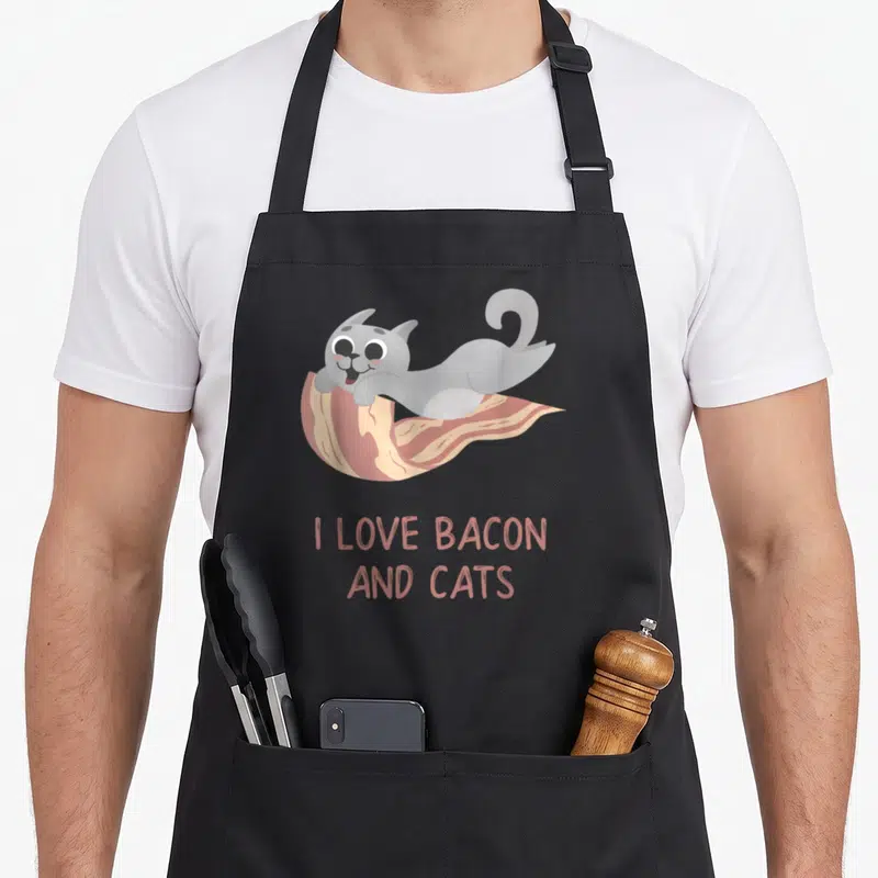 Cat bacon apron - Grey cartoon cat lying on pink bacon with I LOVE BACON AND CATS text — shown on a black cotton canvas apron against a white background