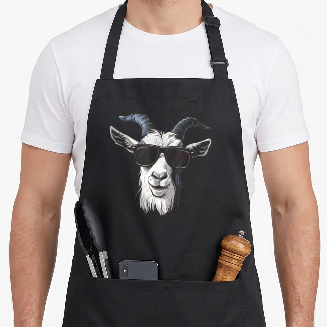 Sunglass goat apron - Cartoon goat head wearing black sunglasses in white grey and black illustration — shown on a black cotton canvas apron against a white background