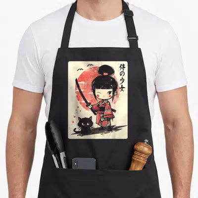 Katana cat apron - Cartoon girl holding katana before red sun with black cat and vertical Japanese text — shown on a black cotton canvas apron against a white background