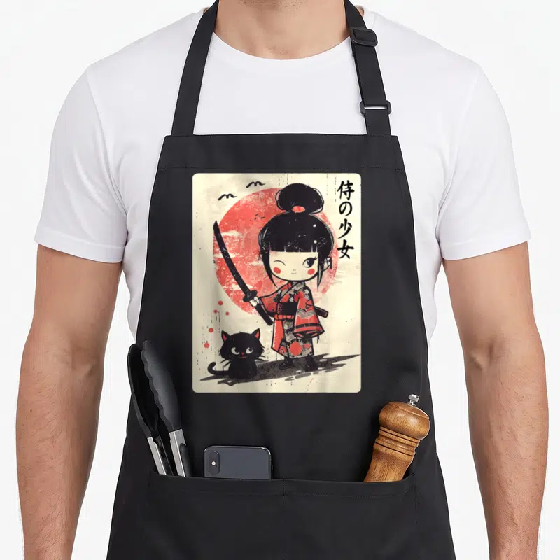 Katana cat apron - Cartoon girl holding katana before red sun with black cat and vertical Japanese text — shown on a black cotton canvas apron against a white background