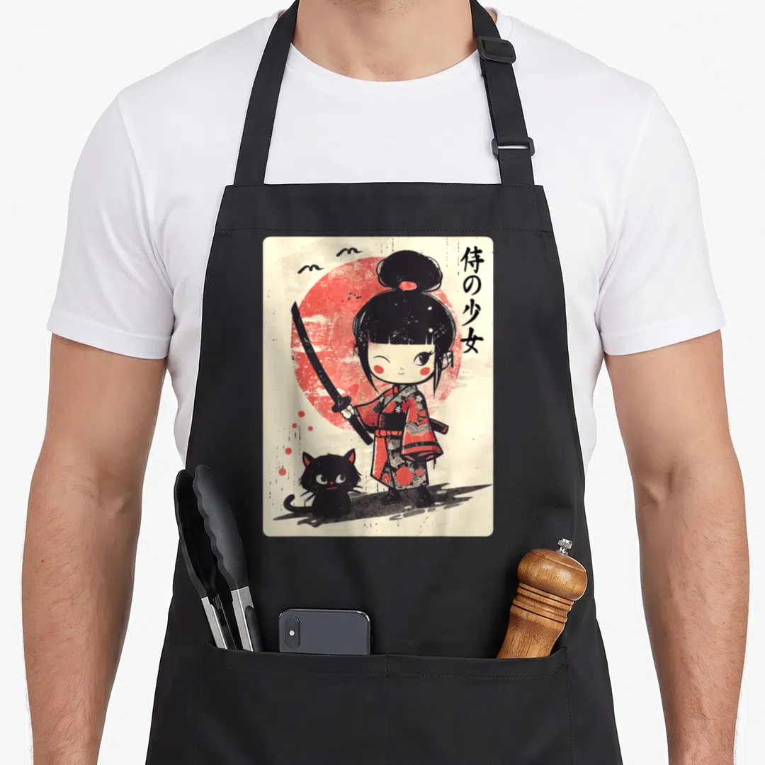 Katana cat apron - Cartoon girl holding katana before red sun with black cat and vertical Japanese text — shown on a black cotton canvas apron against a white background
