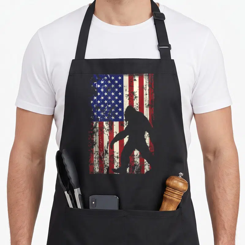 Bigfoot flag 4th of july apron - Grey bigfoot silhouette walking in front of a distressed red white and blue American — shown on a black cotton canvas apron against a white background