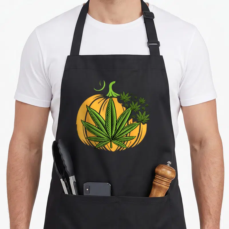 Weed veggie apron - Green cannabis leaf over orange pumpkin with smaller leaves in cartoon style — shown on a black cotton canvas apron against a white background
