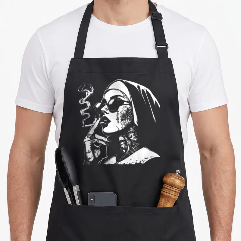 Unholy horror apron - White line art of tattooed nun in sunglasses smoking cigarette on black apron — shown on a black cotton canvas apron against a white background