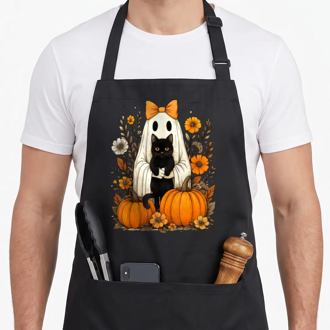 Halloween cat holding apron - Cartoon ghost with orange bow holding black cat among pumpkins and flowers — shown on a black cotton canvas apron against a white background