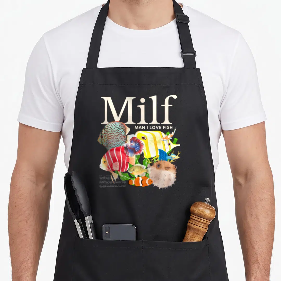 Milf fisherman apron - Milf Man I Love Fish text with colorful realistic fish and seaweed illustration — shown on a black cotton canvas apron against a white background