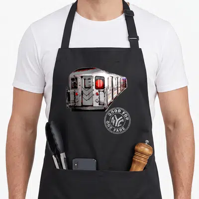 Train new york apron - Retro silver subway train next to white token reading GOOD FOR NYC ONE FARE — shown on a black cotton canvas apron against a white background