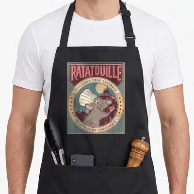 Together remy ratatouille apron - Retro poster style grey rat chef hat Paris skyline red beige blue text — shown on a black cotton canvas apron against a white background