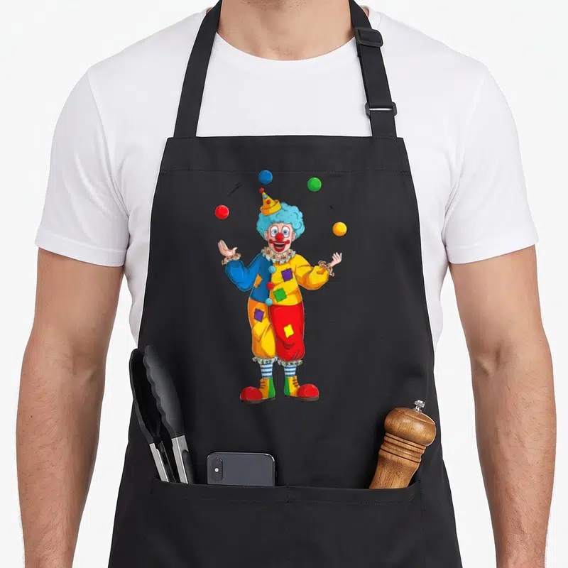 Juggling clown aprons - Cartoon clown juggling four red, yellow, blue, and green balls in a circus pose — shown on a black cotton canvas apron against a white background