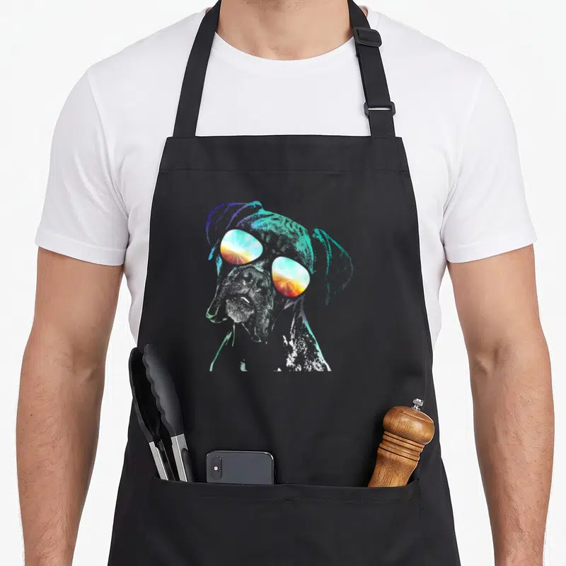Disco boxer dog apron - Cartoon boxer dog profile wearing sunglasses with teal blue orange and white lens bursts — shown on a black cotton canvas apron against a white background