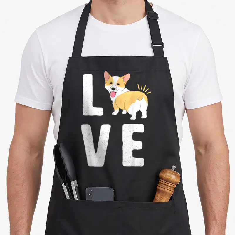 Puppy welsh apron - Cartoon corgi replacing O in white textured LOVE text — shown on a black cotton canvas apron against a white background