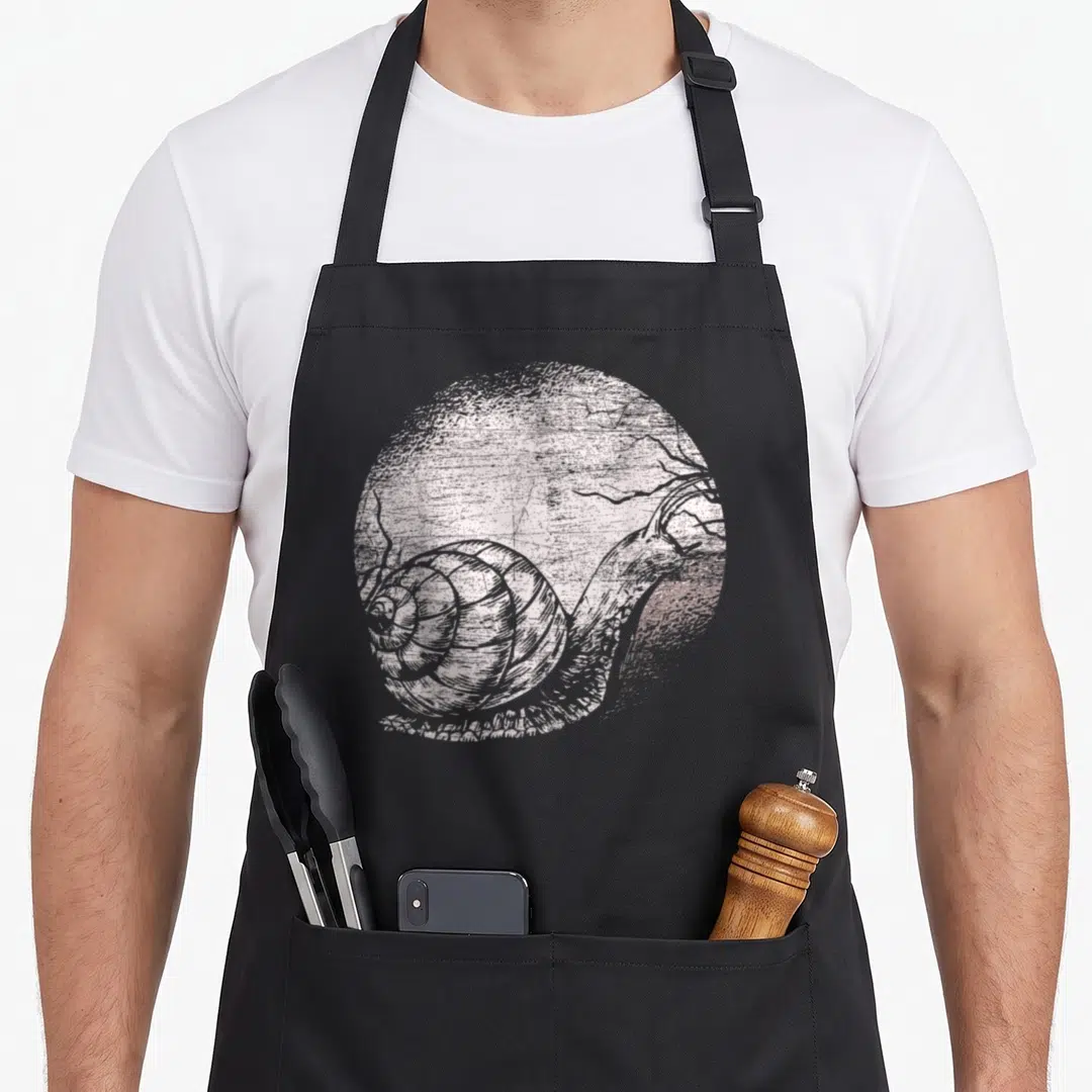 Snail i love my jellyfish apron - Grey and white line art snail inside a distressed circular frame — shown on a black cotton canvas apron against a white background
