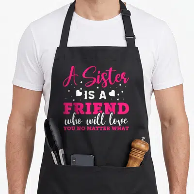 Sister family friends apron - Pink and white stacked text reading A Sister Is A Friend surrounded by small white hearts — shown on a black cotton canvas apron against a white background
