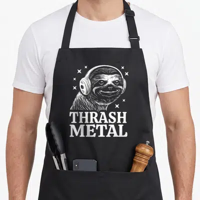 Thrash sloth apron - White line-art sloth wearing headphones above bold text surrounded by small stars — shown on a black cotton canvas apron against a white background