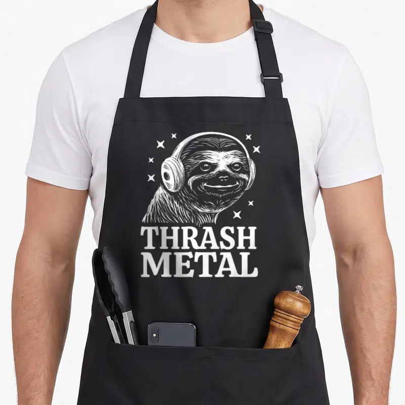Thrash sloth apron - White line-art sloth wearing headphones above bold text surrounded by small stars — shown on a black cotton canvas apron against a white background