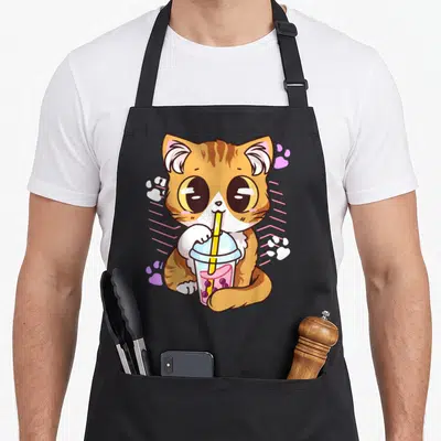 Kawaii milk aprons - Cartoon ginger cat drinking boba with pink lines and paw prints — shown on a black cotton canvas apron against a white background