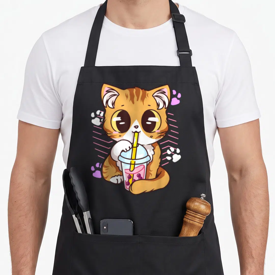 Kawaii milk aprons - Cartoon ginger cat drinking boba with pink lines and paw prints — shown on a black cotton canvas apron against a white background
