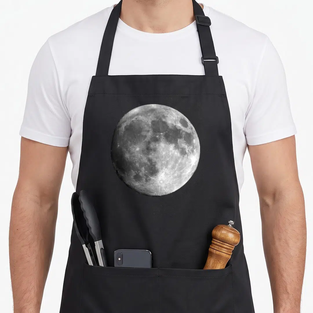 Luna full moon apron - Realistic grey and white full moon photo centered on a black apron background with scattered — shown on a black cotton canvas apron against a white background