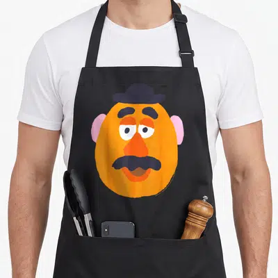Face potato apron - Large orange cartoon head with purple hat mustache and pink ears — shown on a black cotton canvas apron against a white background