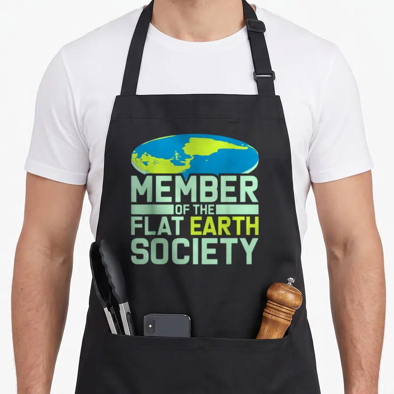 Member earther apron - Blue and lime flat earth disc above Member of the Flat Earth Society text — shown on a black cotton canvas apron against a white background