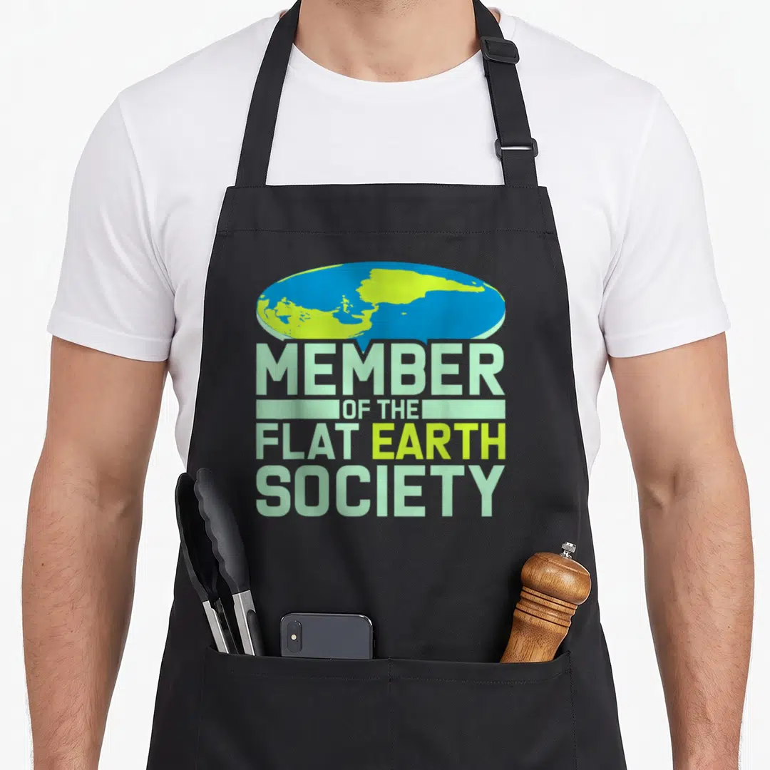 Member earther apron - Blue and lime flat earth disc above Member of the Flat Earth Society text — shown on a black cotton canvas apron against a white background