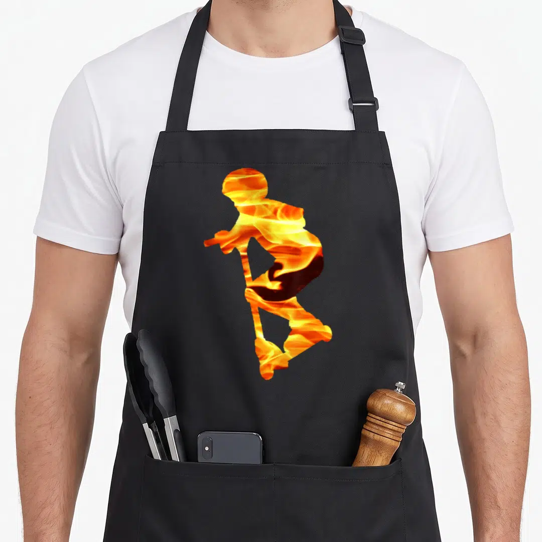 Fire scooter apron - Silhouette of a person filled with orange, yellow, and red fire pattern — shown on a black cotton canvas apron against a white background