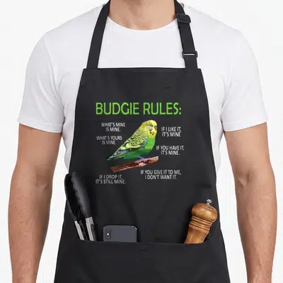 Budgy bird apron - Cartoon budgie perched on branch with Budgie Rules text blocks in lime green and yellow — shown on a black cotton canvas apron against a white background