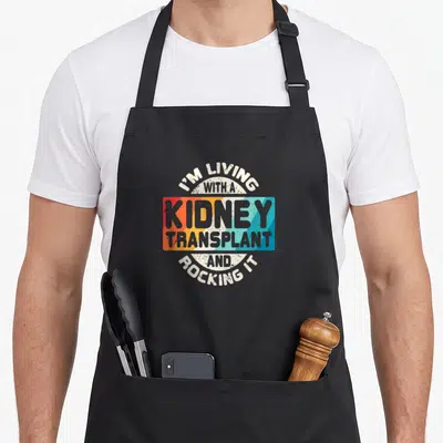 Recipient organ apron - Retro typography reading I'M LIVING WITH A KIDNEY TRANSPLANT AND ROCKING IT over rainbow stripes — shown on a black cotton canvas apron against a white background