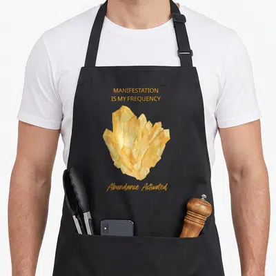 Frequency manifestation apron - Gold watercolor crystal cluster with MANIFESTATION IS MY FREQUENCY text — shown on a black cotton canvas apron against a white background