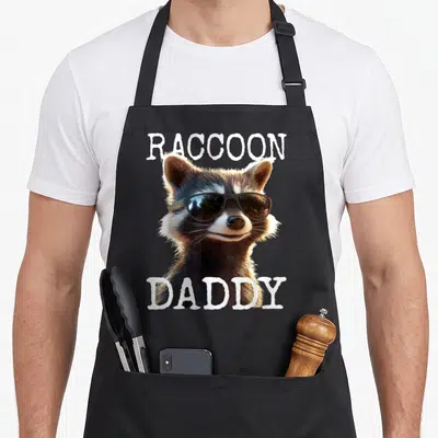 Racoon father day apron - Realistic raccoon wearing sunglasses with white RACCOON DADDY text — shown on a black cotton canvas apron against a white background