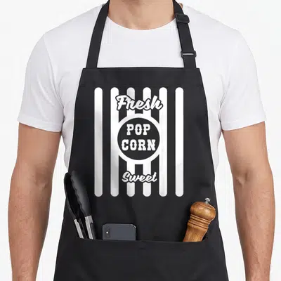 Popcorn halloween apron - Fresh POP CORN Sweet text over six white vertical stripes — shown on a black cotton canvas apron against a white background