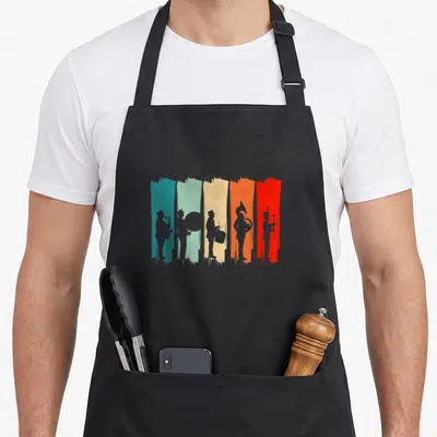 Instrument band member apron - Five grey musician silhouettes against teal, blue, beige, orange, and red vertical — shown on a black cotton canvas apron against a white background