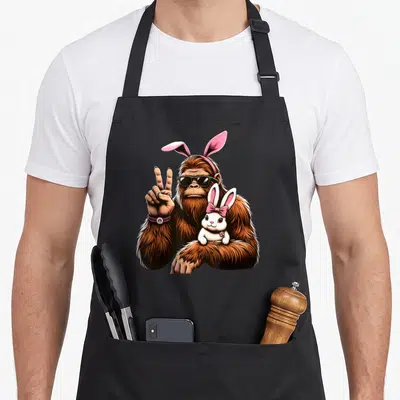 Bigfoot easter bunny aprons - Cartoon orangutan with pink bunny ears sunglasses and peace sign holding white rabbit — shown on a black cotton canvas apron against a white background