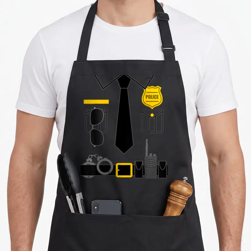 Police halloween apron - Minimalist police uniform graphic with yellow badge, black tie, sunglasses, and duty belt — shown on a black cotton canvas apron against a white background