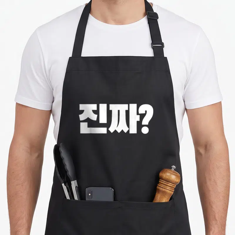 Jinjja language korean apron - White Korean Hangul characters reading Jinjja on grey background — shown on a black cotton canvas apron against a white background