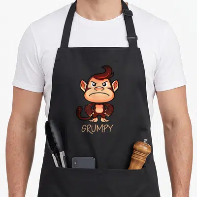 Grumpy meme apron - Cartoon brown monkey with hands on hips above peach text reading GRUMPY — shown on a black cotton canvas apron against a white background