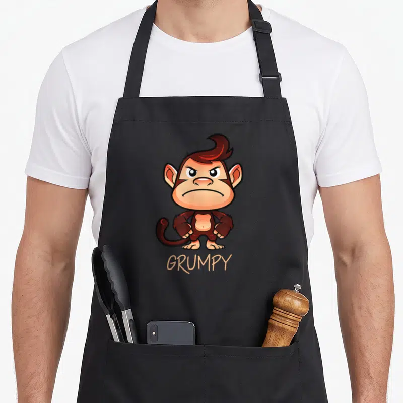 Grumpy meme apron - Cartoon brown monkey with hands on hips above peach text reading GRUMPY — shown on a black cotton canvas apron against a white background