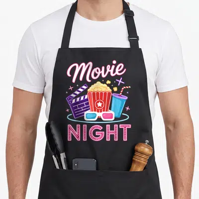 Night film family aprons - Cartoon Movie NIGHT text with popcorn, clapperboard, drink, and 3D glasses in pink blue red — shown on a black cotton canvas apron against a white background