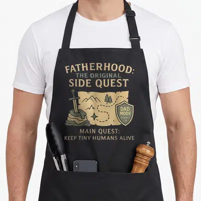Father tiny apron - Map graphic with sword in rock, shield reading Dad Mode Always — shown on a black cotton canvas apron against a white background